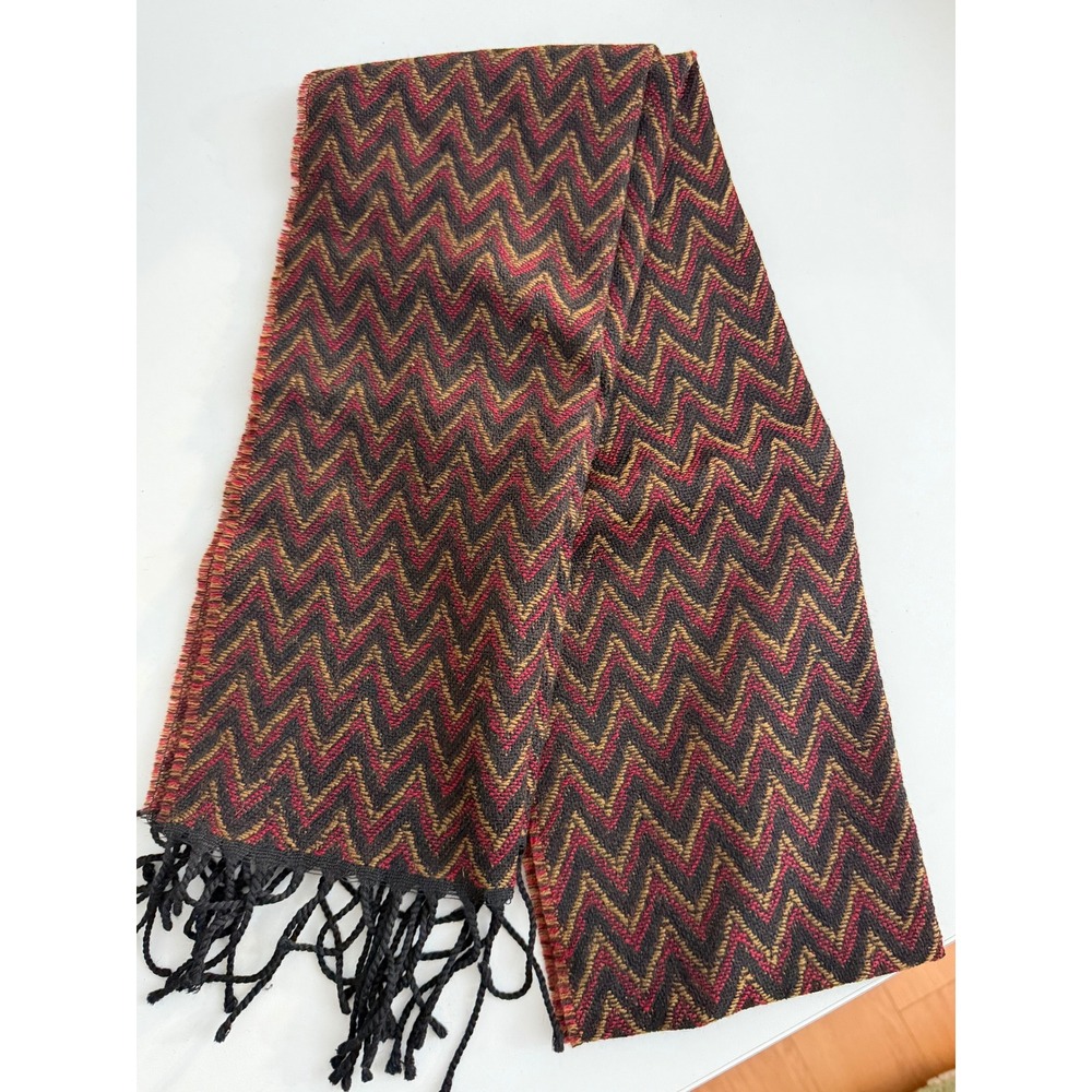 Chelsey II 100% Wool Scarf Made in Germany Burgundy Gold Chevron Zig Zag Fringe